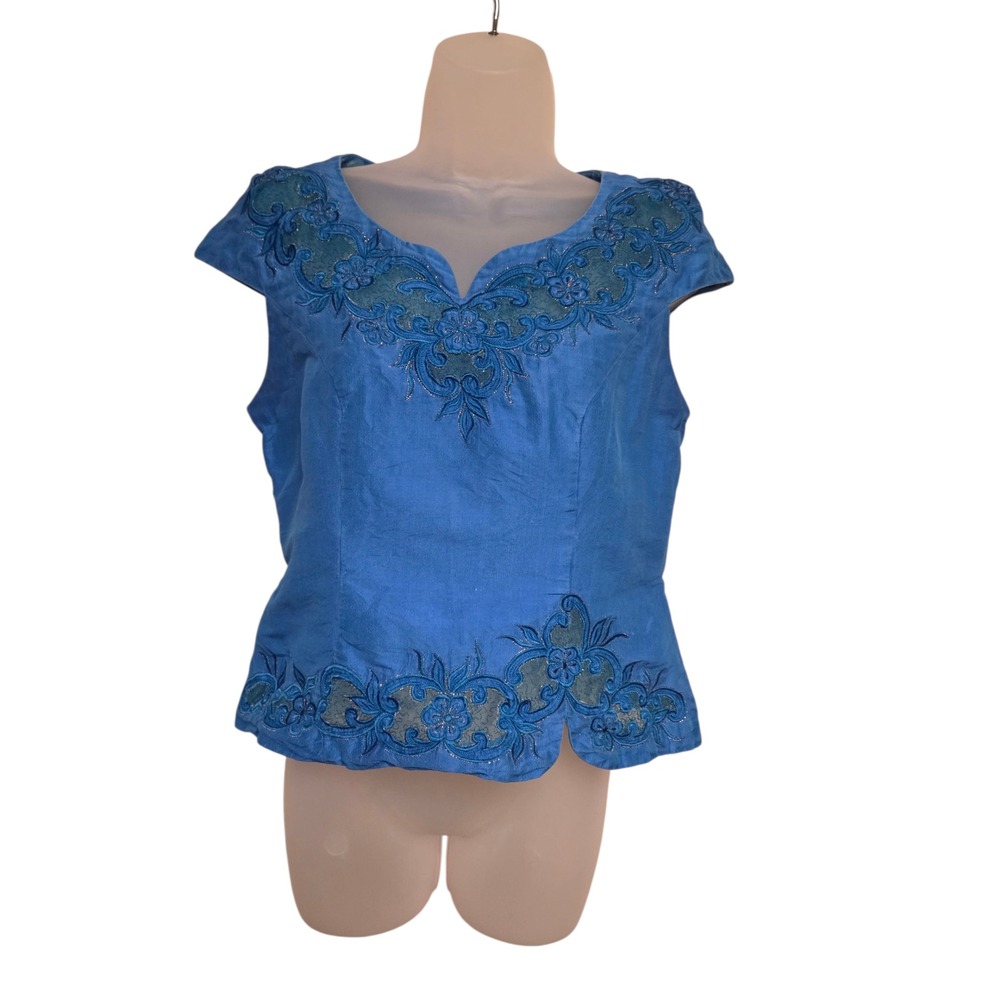 Embroidered‎ Floral Blouse Cap Sleeve 70s Vintage Blue Top Party Cocktail S